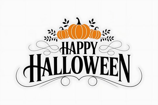 Happy halloween lettering with pumpkin illustration and decorative floral elements