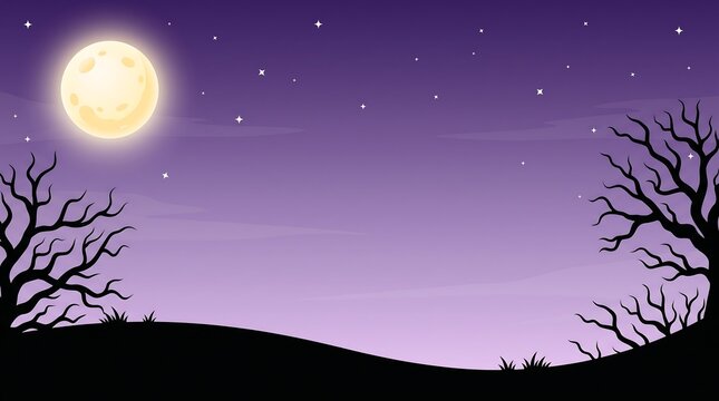 Spooky halloween night landscape featuring silhouetted bare trees under glowing full moon purple sky with creating minimalist atmospheric spooky environment conveys sense mystery nighttime stillness