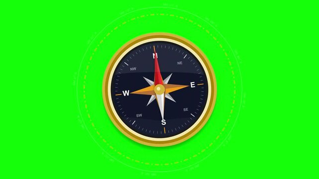 Six golden compass icons rotating for travelling on green screen