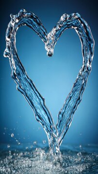 A heart shape formed by splashing water against a blue background with droplets falling.