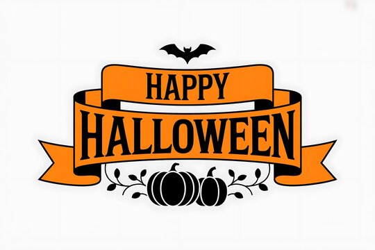 Happy halloween decorative ribbon banner with pumpkins and a flying bat illustration