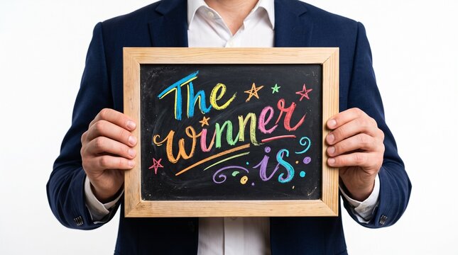 Close up of unrecognizable businessman in a suit holding a chalkboard with colorful handwritten text The Winner Is isolated on white background