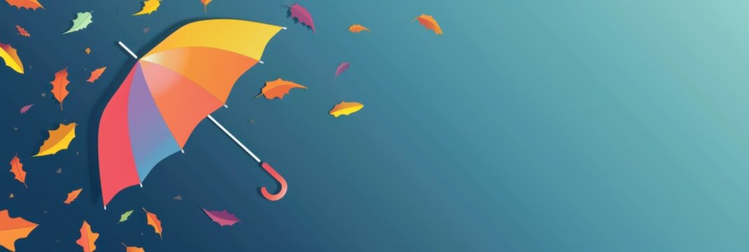 Colorful umbrella with scattered autumn leaves on blue gradient background for horizontal banner design and seasonal header layout. Flat illustration. Horizontal banner. Copy space