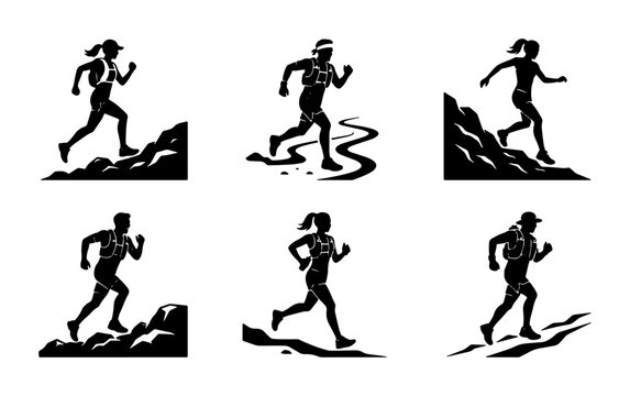Trail Running Silhouettes: Diverse Male and Female Athletes in Action, Mountainous Terrain, Outdoor Sports Vector Set
