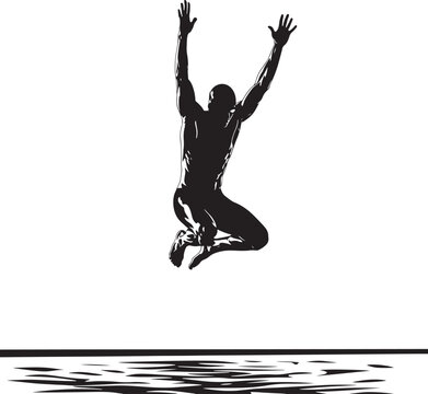 Silhouette of a male swimmer jumping high with arms raised above water