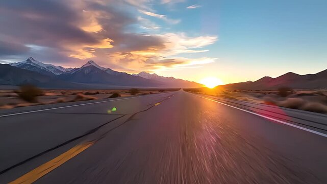 Driving on an empty desert highway towards mountains at sunset