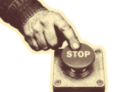 Vintage Halftone Illustration of Hand Pressing Stop Button, Retro Pop Art Emergency Switch Cutout Concept
