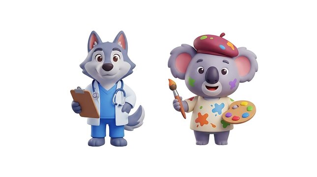 Wolf doctor and koala painter characters.