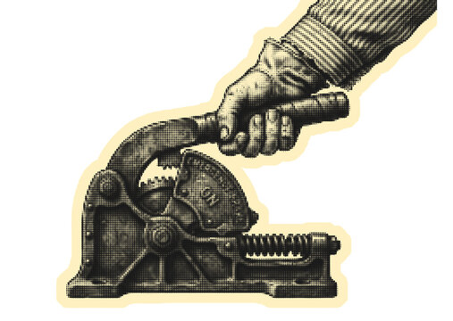 Vintage Halftone Illustration of Hand Pulling Industrial Mechanical Lever, Retro Pop Art Style Control Handle Cutout