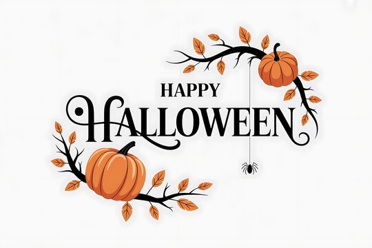 Happy halloween watercolor lettering with pumpkins and autumn leaves illustration