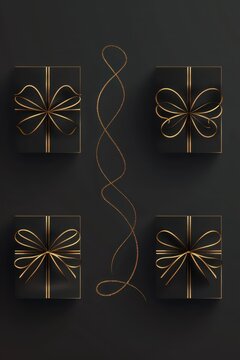 Vertical arrangement of black gift boxes with delicate gold ribbon bows and looping ribbon accent for black friday banner and elegant background