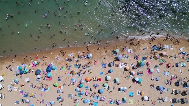 Top Down Aerial View of Crowded Golden Sands Beach in Bulgaria