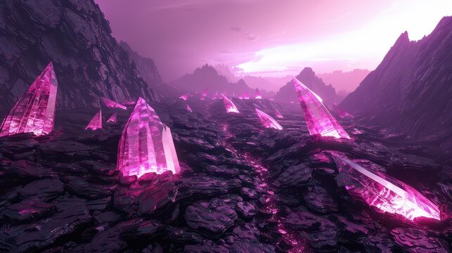 Alien crystal field with glowing pink quartz formations and dramatic mountains for sci fi landscape background and banner
