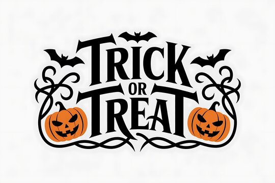 Vintage style trick or treat lettering with pumpkins and spooky bat silhouettes