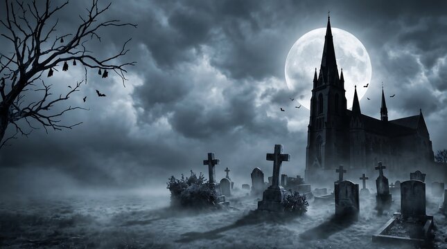 Spooky gothic church silhouetted against giant full moon over misty graveyard with flying bats with weathered stone crosses grave markers emerge thick