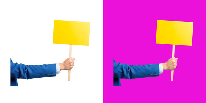 Business professional holding a blank yellow sign for customizable marketing messages transparent png