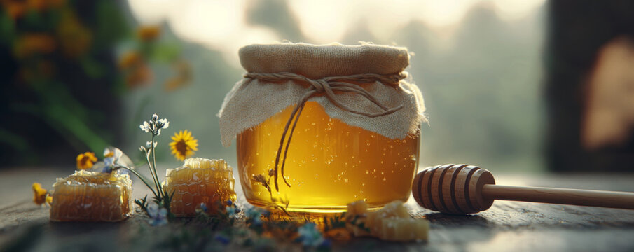 Jar of Golden Honey with Honeycomb on Rustic Wooden Table