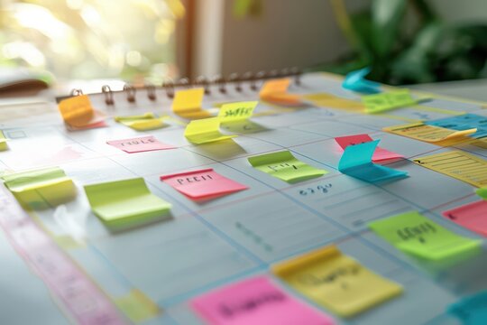 Colorful planner calendar with sticky notes and reminders for schedule planning and productivity background for organization