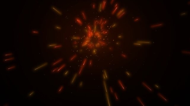 A breathtaking cosmic explosion of brilliant red and yellow light particles bursting outward across the deep darkness, creating an incredible sense of dizzying motion and dynamic energy