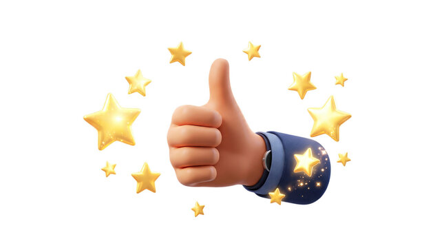 3d rendered hand gesture thumb up with gold star rating icon