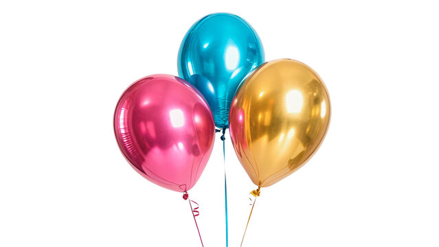 Three colorful glossy balloons pink blue and gold isolated on a white background