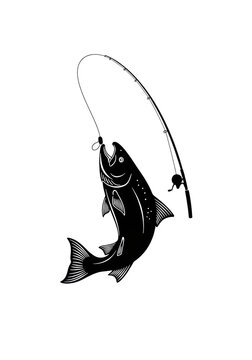 a majestic atlantic salmon black vector silhouette aggressively leaping on a tense fishing line, isolated against a white background with extensive copy space. Concept of athletic fishing emblem