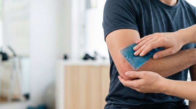 Physiotherapist applying cold gel pack on male patient elbow for recovery