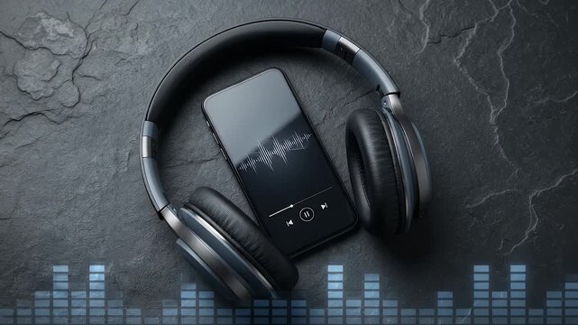Black headphones and smartphone on dark textured surface with audio waveform.