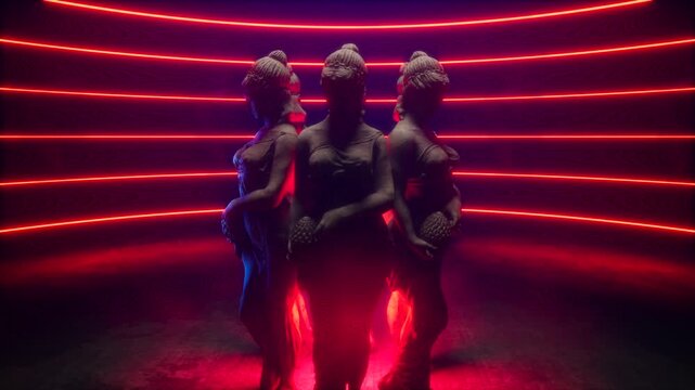 3D Render of Circle of Female Statues Framed by Red Horizontal Neon Light Rings
