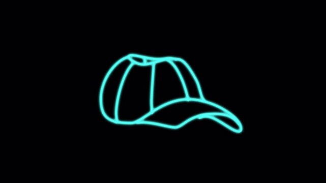 Neon blue baseball cap icon drawing animation on black background.