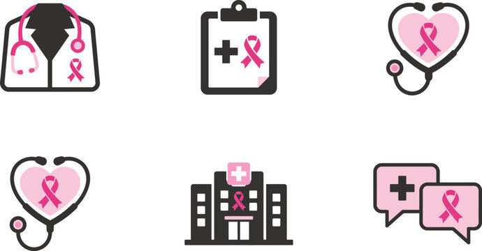 Breast cancer awareness icons, 6 medical vector elements with pink ribbons, healthcare symbols for oncology and hospital support