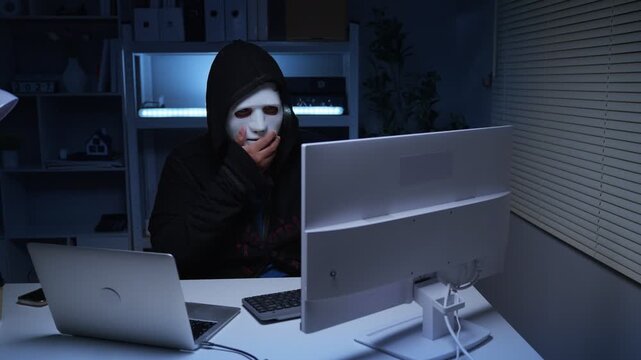 Cyber criminal wearing white mask sitting at computer terminal for digital security and data privacy concept