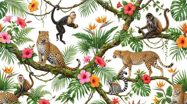 Tropical jungle wildlife pattern, exotic leopard and monkey animals in rainforest, vibrant floral botanical wallpaper with hibiscus isolated PNG with Transparent Background