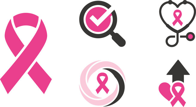 Pink breast cancer awareness ribbon icons, medical health symbols for oncology support, 6 vector elements for charity campaigns