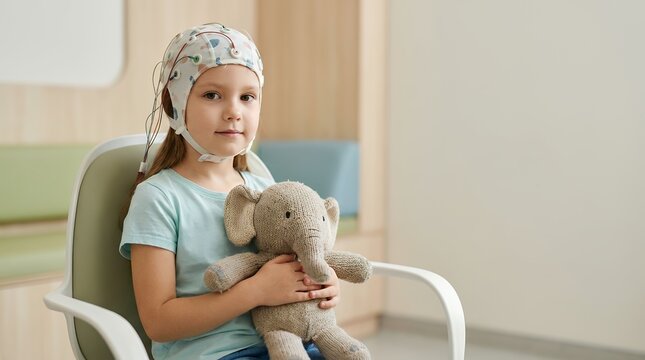 Young girl undergoing pediatric EEG brain scan in a modern clinic with a plush toy.