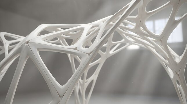 Abstract white parametric lattice structure in a modern minimalist interior, representing futuristic organic architecture and innovative generative design