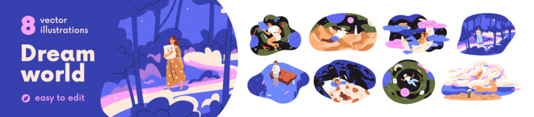 Naklejka premium Fantasy dreams of characters. Dream, sleep with magic worlds. Fantasy adventures during sleep. Fiction travel in space, fly in fiction, fairytale. Mystery and imagination. Flat vector illustrations