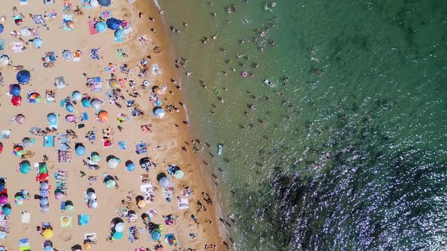 Top Down Aerial View of Crowded Golden Sands Beach in Bulgaria