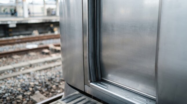 Modern train door seam with rubber gasket, stainless steel body, and trackside gravel for rail engineering and transit maintenance.