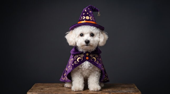 White bichon frise puppy dressed in purple celestial wizard costume for halloween holiday portrait with eye level portrait soft lighting highlighting dog s fluffy fur curious expression