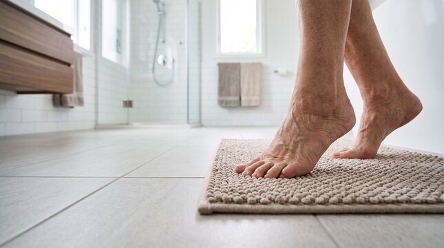 Senior woman feet stepping on soft bath mat inside bright modern bathroom