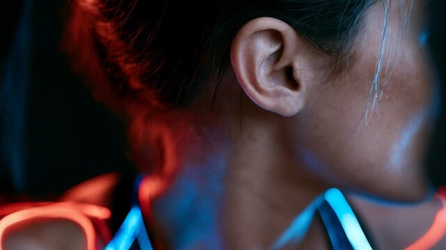 Intense close-up portrait of a determined woman with blue eyes and freckles under neon lights
