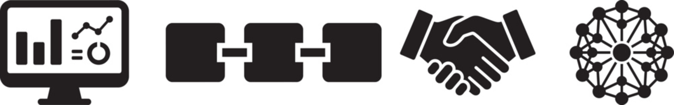 Set of four black business icons representing data analysis strategy partnership and global network connectivity concepts