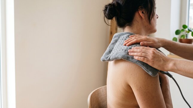 Woman receiving therapeutic shoulder massage with electric heating pad