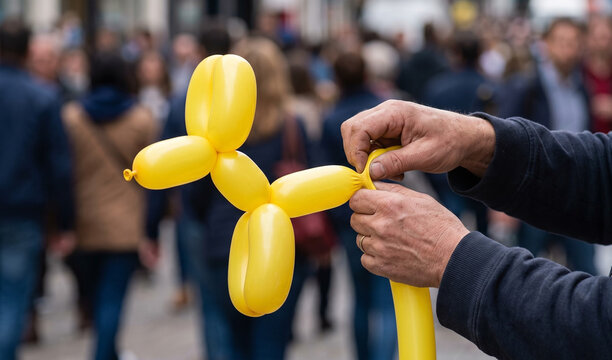  a street performer rapidly assembling a  balloon poodle, blurred crowd in the background, high-shutter speed capturing the tension of the late