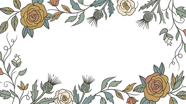 Elegant Invitation botanical frame with hand drawn vintage flowers and thistles rustic floral border template