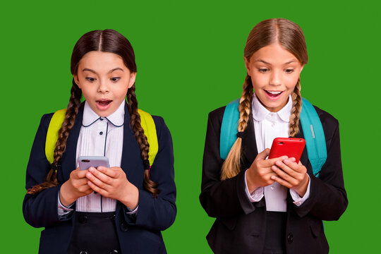 Close up photo two beautiful people she her little lady open mouth hands arms telephone reader instagram followers wear formalwear shirt blazer skirt school form bag isolated bright orange background