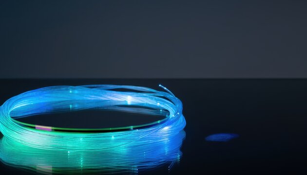 Glowing fiber optic cable coil on dark background with blue and cyan light trails