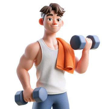 Cartoon Athletic Man Exercising with Dumbbells