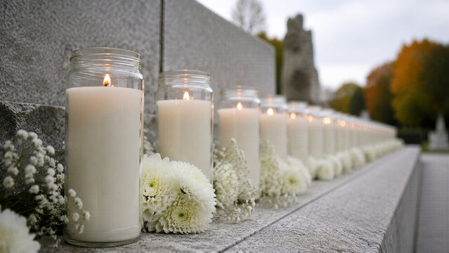 Row of white memorial candle in glass jar with chrysanthemum flower on cemetery wall. All Souls Day remembrance and prayer for dead. Catholic tradition honoring deceased memory